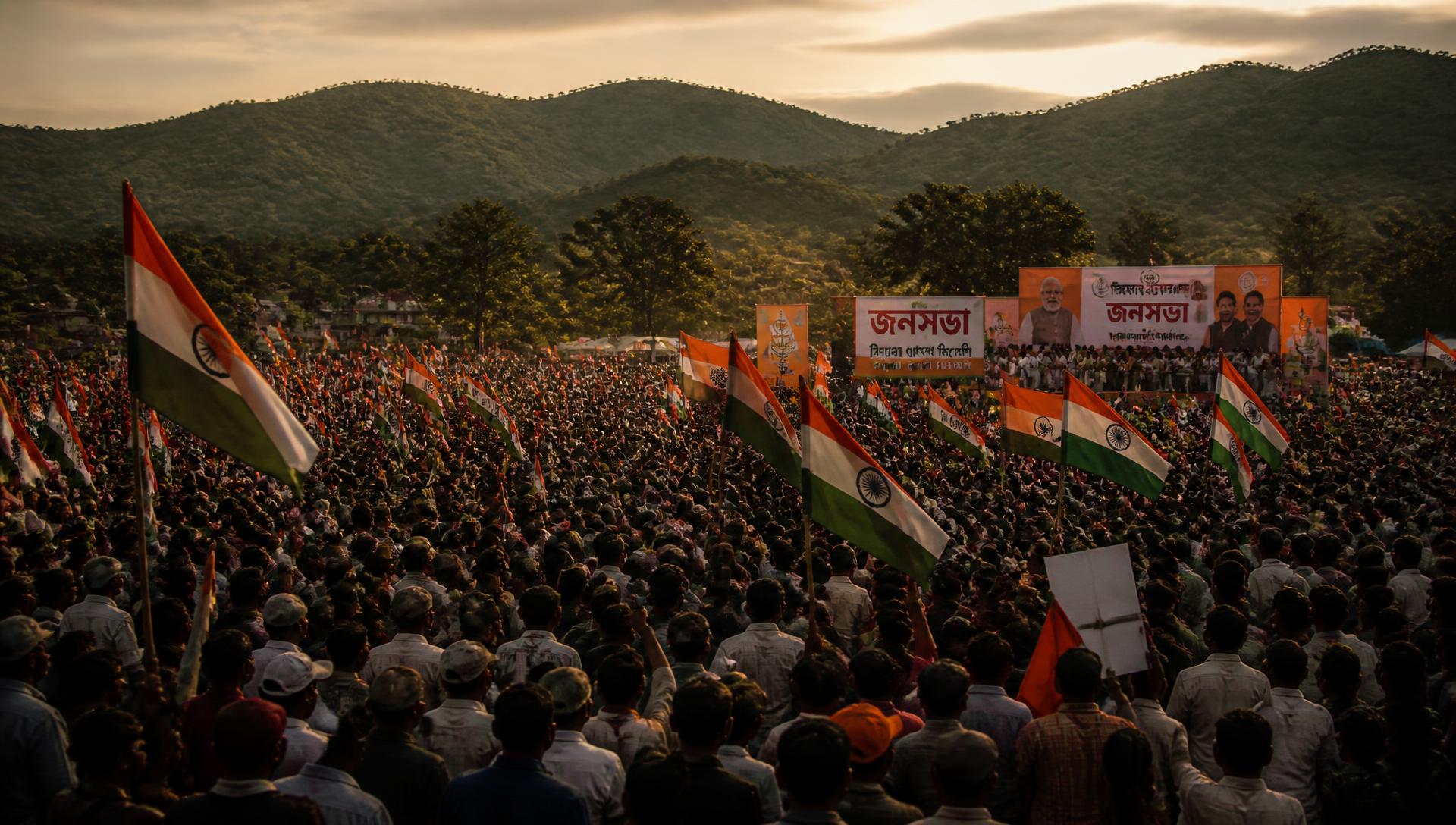Congress supporters and tricolour flags at a public gathering in Tripura